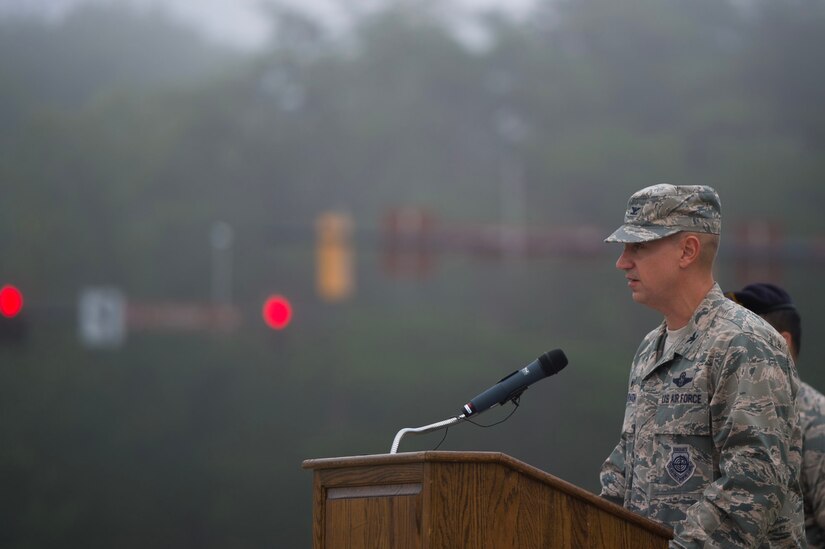 Col. Andrew M. Purath, Joint Base Andrews and 11th Wing commander, speaks during the 9/11 Memorial Service on JBA, Md., Sept. 11, 2018. Nearly 3,000 people lost their lives in the terrorist attacks in 2001.