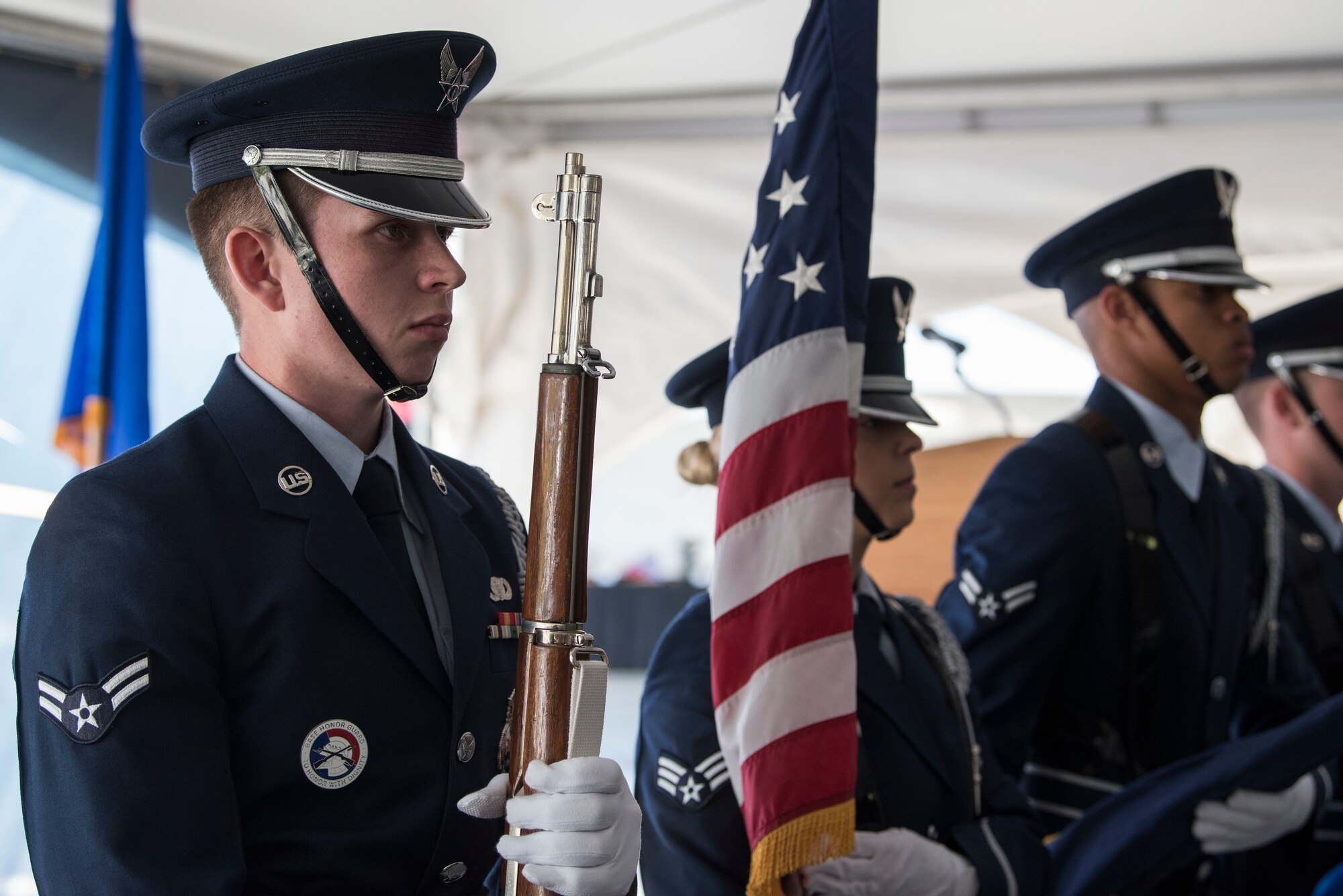 U.S. Air Force Honor Guardsmen present the colors during the opening ceremony for Fisher House II at Joint Base Elmendorf-Richardson, Alaska, Sep. 10, 2018. The opening ceremony featured an array of key speakers, the 9th Army Band, Air Force Honor Guard, a ribbon-cutting and a walk-through.
