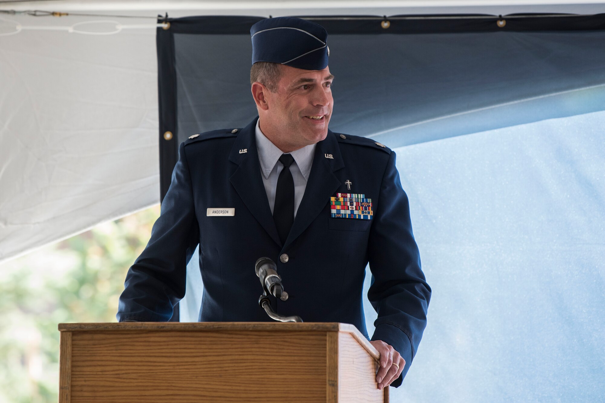 U.S. Air Force Deputy Chaplain (Lt. Col.) James Anderson, shares his experience with the Fisher House during the opening ceremony for Fisher House II at Joint Base Elmendorf-Richardson, Alaska, Sep. 10, 2018. The opening ceremony featured an array of key speakers, the 9th Army Band, Air Force Honor Guard, a ribbon-cutting and a walk-through. The Fisher House program is a unique private-public partnership established to improve the quality of life for military members, retirees, veterans and their families.