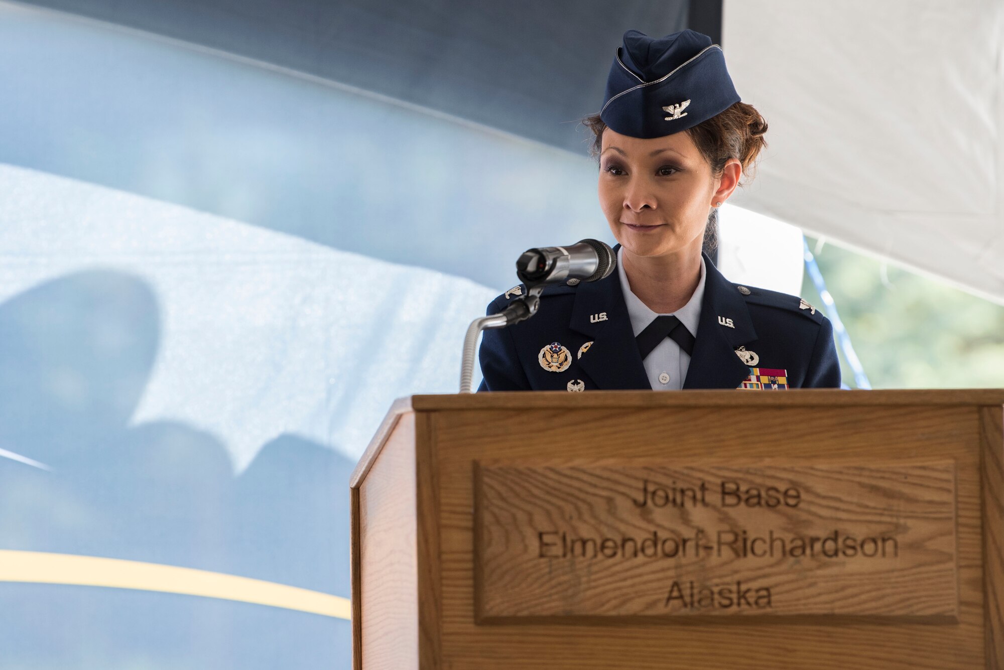 U.S. Air Force Col. Patricia Csànk, 673d Air Base Wing commander and Joint Base Elmendorf-Richardson commander, speaks during the opening ceremony for Fisher House II at JBER, Alaska, Sep. 10, 2018. The opening ceremony featured an array of key speakers, the 9th Army Band, Air Force Honor Guard, a ribbon-cutting and a walk-through.