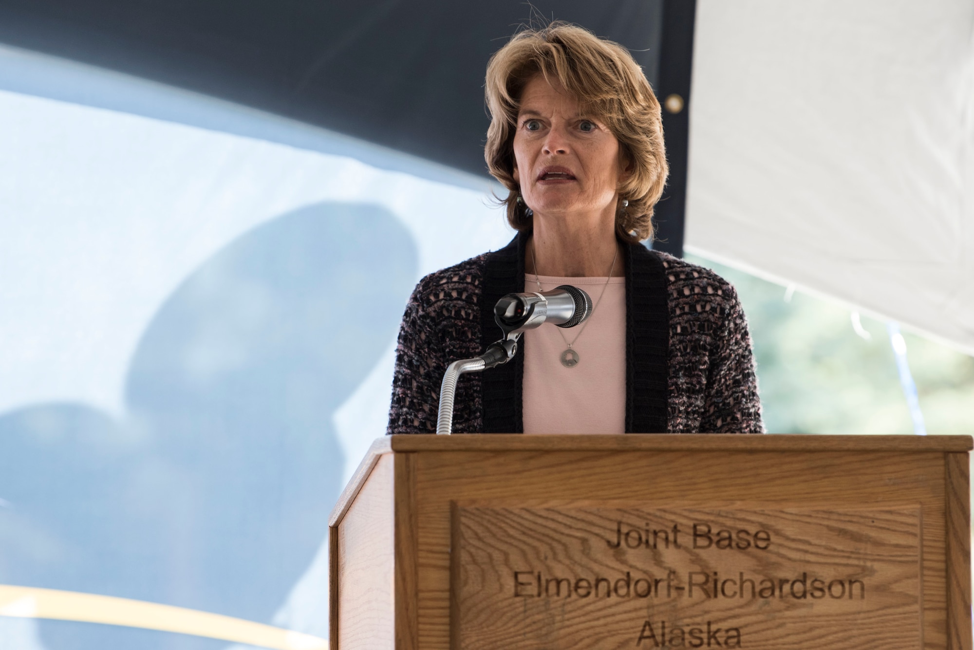 U.S. Senator Lisa Murkowski, talks about the importance of the Fisher House during the opening ceremony for Fisher House II at Joint Base Elmendorf-Richardson, Alaska, Sep. 10, 2018. The opening ceremony featured an array of key speakers, the 9th Army Band, Air Force Honor Guard, a ribbon-cutting, and a walk-through. The Fisher House program is a unique private-public partnership established to improve the quality of life for military members, retirees, veterans and their families.