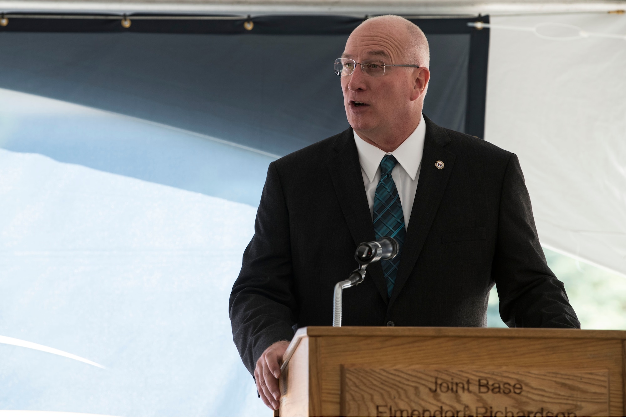 David Coker, Fisher House Foundation president, speaks during the opening ceremony for Fisher House II at Joint Base Elmendorf-Richardson, Alaska, Sep. 10, 2018. The opening ceremony featured an array of key speakers, the 9th Army Band, Air Force Honor Guard, a ribbon-cutting and a walk-through. The Fisher House program is a unique private-public partnership established to improve the quality of life for military members, retirees, veterans and their families