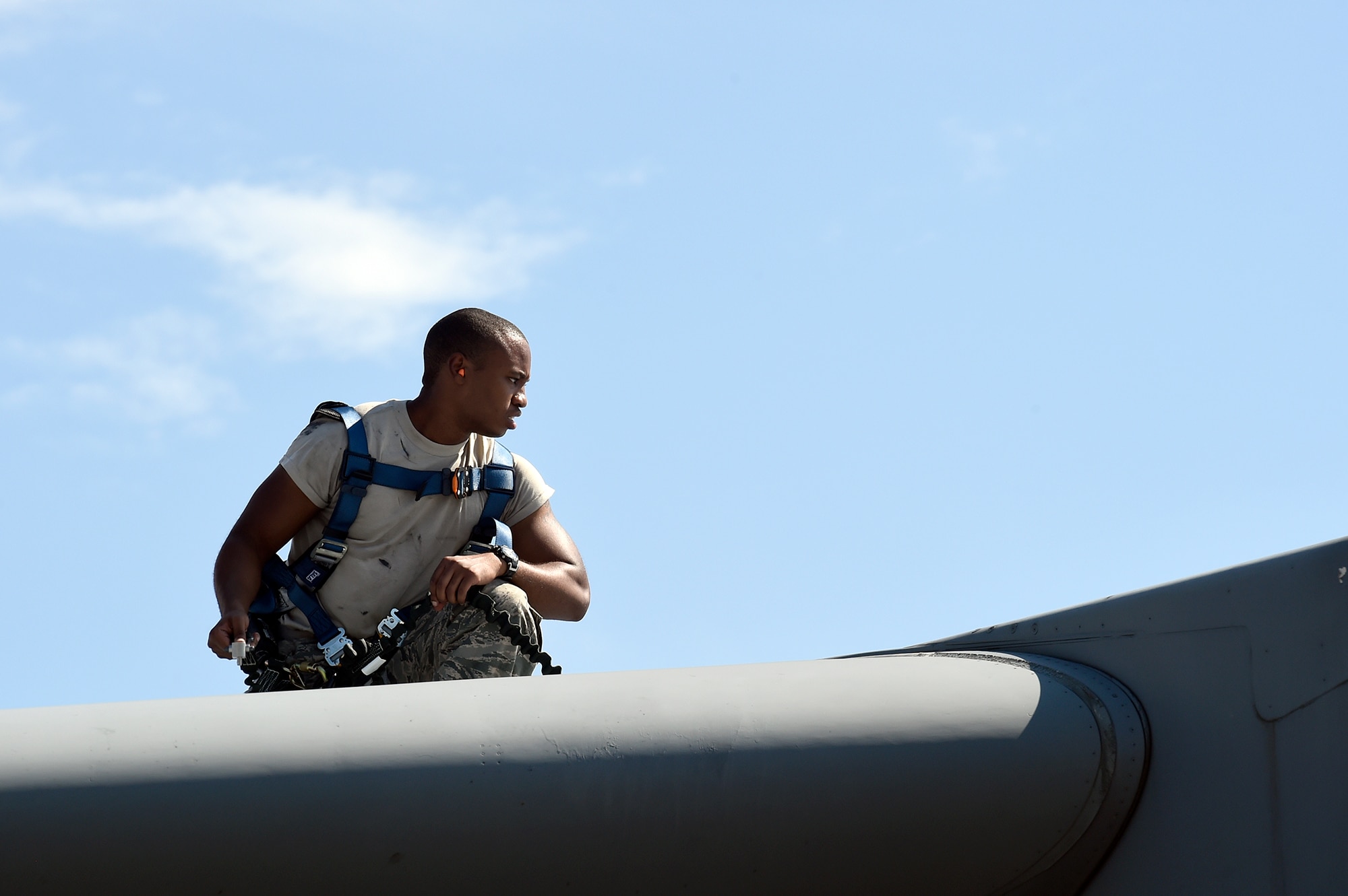 Airman 1st Class Quran Bullock, a 437th Aircraft Maintenance Squadron crew chief, inspects a C-17 Globemaster III wing Sept. 12, 2018, at Scott Air Force Base, Ill.