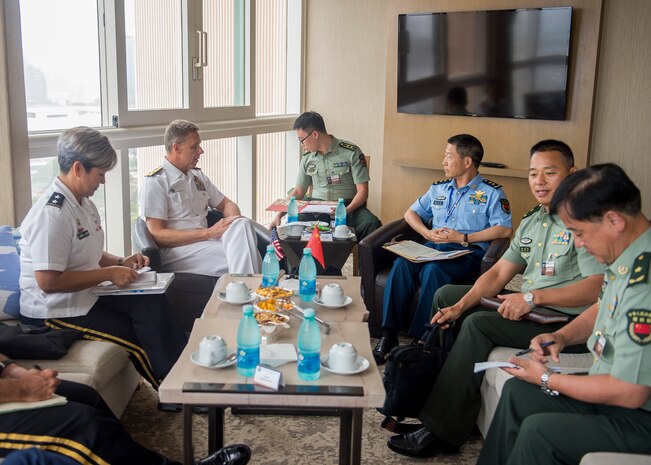 Commander U.S. Indo-Pacific Command (USINDOPACOM), Adm. Phil Davidson meets with Deputy Chief Staff for the Joint Staff Department of the People’s Republic of China, Lt. Gen. Chang Dingqiu, during the USINDOPACOM hosted Chiefs of Defense conference. The CHODS conference provides a forum for military leaders from throughout the Indo-Pacific region to strengthen military-to-military relationships, discuss common defense issues and foster regional cooperation.