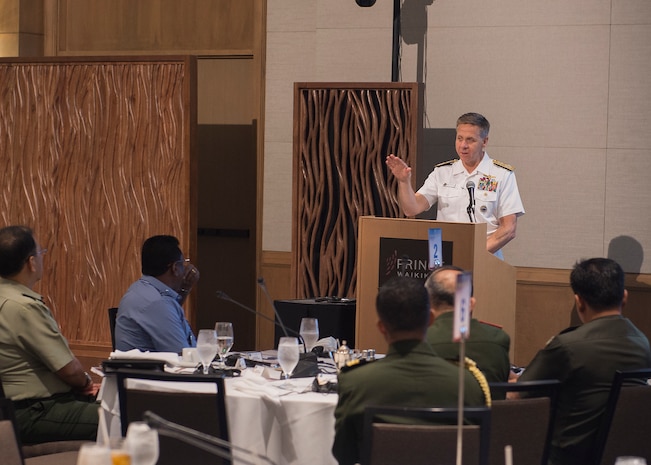 Commander U.S. Indo-Pacific Command (USINDOPACOM), Adm. Phil Davidson gives closing remarks at the USINDOPACOM-hosted Chiefs of Defense conference. The CHODS conference provides a forum for military leaders from throughout the Indo-Pacific region to strengthen military-to-military relationships, discuss common defense issues and foster regional cooperation.