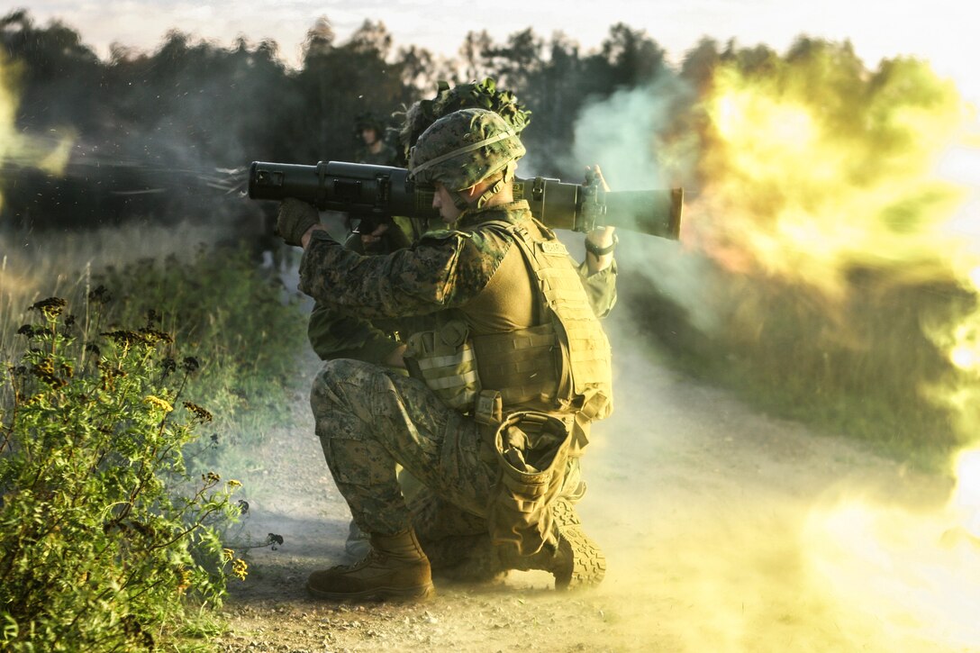 A U.S. Marine with Marine Rotational Force-Europe 18.1 shoots the Swedish Carl Gustaf M4 anti-tank recoilless rifle during the cross-training range at Exercise Archipelago Endeavor with Swedish Marines of 1st Marine Regiment aboard the island of Uto, Harsfjarden, Sweden, Sep. 5, 2018. Exercise Archipelago Endeavor is an integrated field training exercise that increases operational capability and enhances strategic cooperation between the U.S. Marines and Swedish forces. (U.S. Marines Corps photo by Sgt. Victor A. Mancilla)