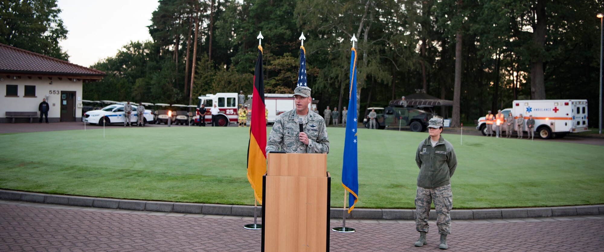 U.S. Air Force Col. Joseph Wenckus, 86th Airlift Wing vice commander, speaks on Ramstein Air Base, Germany, Sep. 11, 2018, about his experience during 9/11 and what it means to honor those that have paid the ultimate sacrifice. Following the opening remarks, U.S. service members, along with family and friends, then began a six kilometer ruck march in remembrance of wounded and fallen warriors.
