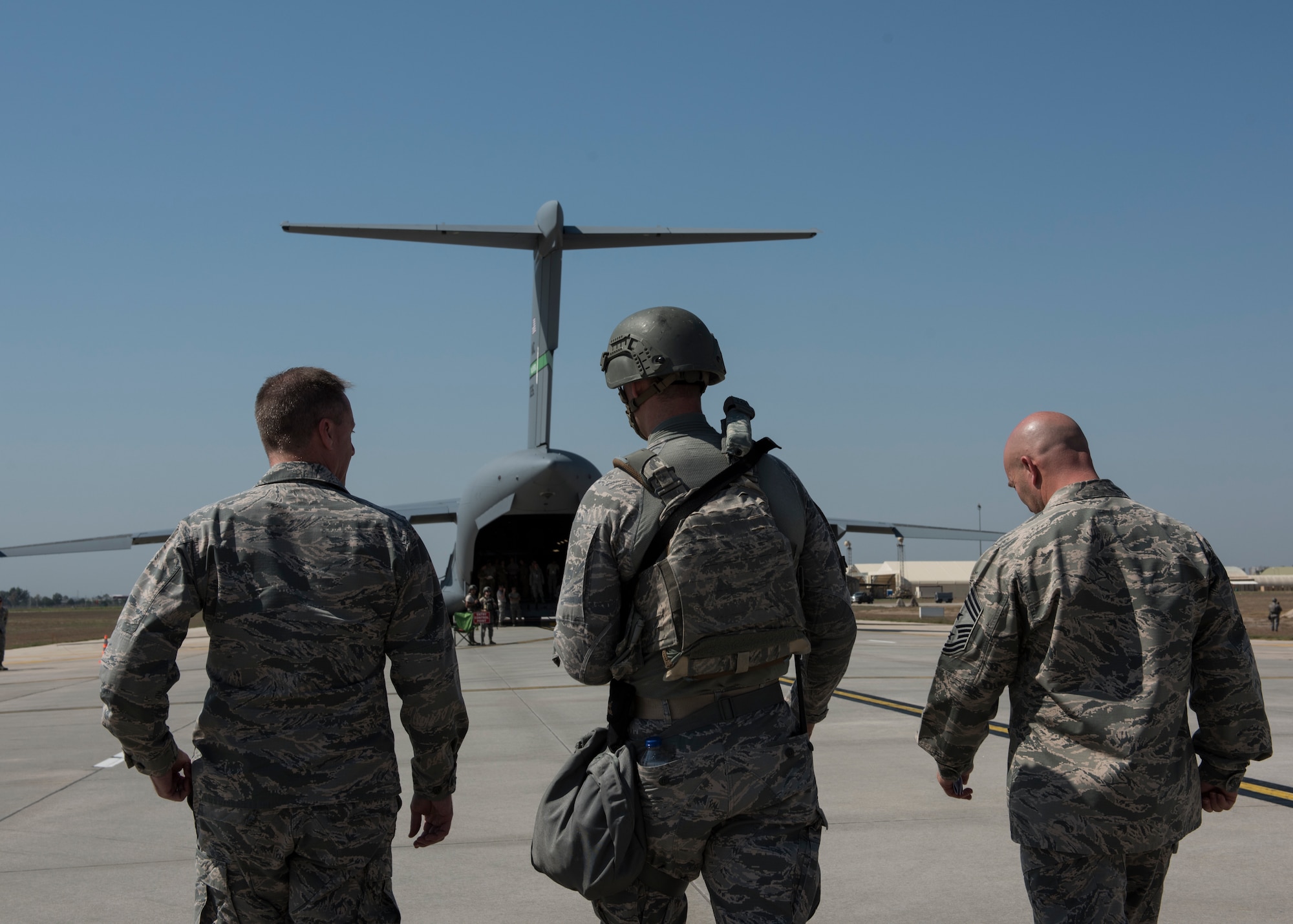 U.S. Air Force 3rd Air Force commander Major Gen. John Wood and Command Chief Master Sgt. Anthony Cruz Munoz watch a 39th Security Force Squadron exercise at Incirlik Air Base, Turkey, 2018.