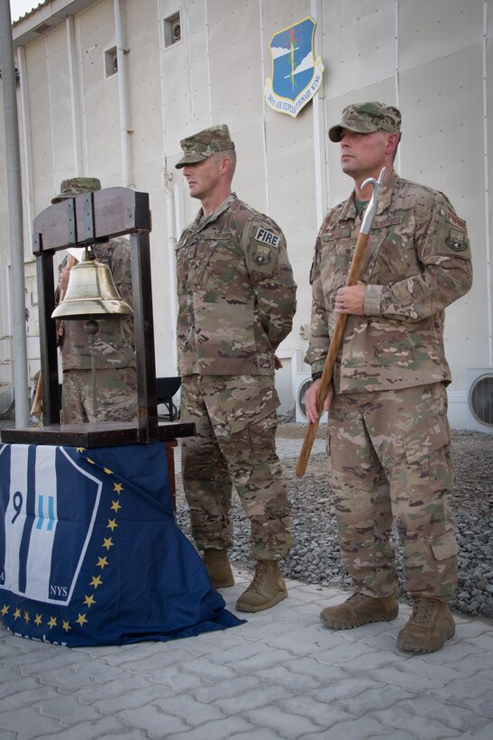 U.S. Airmen, Soldiers and coalition partners from the from the 380th Air Expeditionary Wing honored first responders who died in the line of duty during the terrorist attack on the World Trade Center during a retreat ceremony at Al Dhafra Air Base, United Arab Emirates, Sept. 11, 2018.  (U.S. Air Force photo by Tech. Sgt. Nieko Carzis)