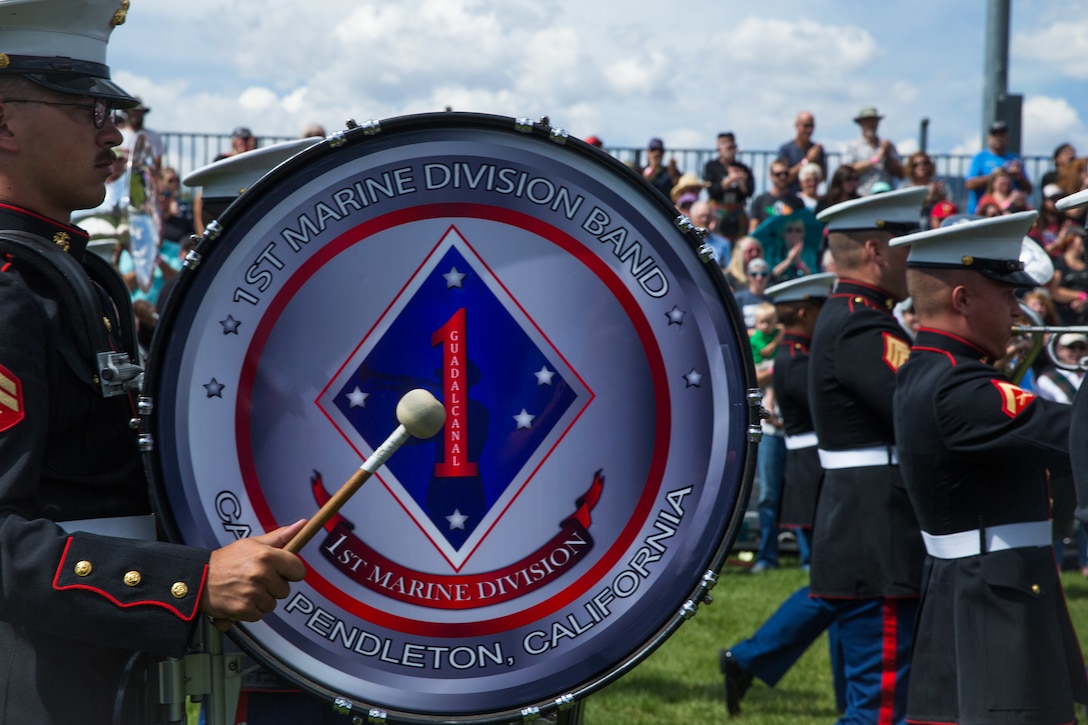 U.S. Marines with the 1st Marine Division Band perform during the opening ceremony for the 42nd annual Longs Peak Highland Festival in Estes Park, Colorado, Sept. 7, 2018. The festival celebrates Scottish and Irish heritage through a variety of traditional athletic games, jousting competitions, music, and dancing.