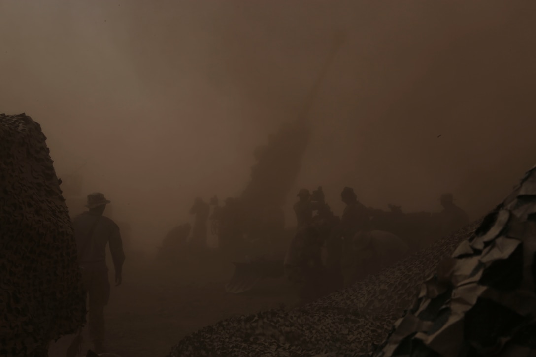 U.S. Marines assigned to the artillery detachment of Battalion Landing Team 3/1, 13th Marine Expeditionary Unit, conduct a fire control alignment test during Theater Amphibious Combat Rehearsal, Sept. 9, 2018. Led by Naval Amphibious Force, Task Force 51/5th Marine Expeditionary Expedition Brigade, TACR integrates U.S. Navy and Marine Corps assets to practice and rehearse a range of critical combat-related capabilities available to U.S. Central Command, both afloat and ashore, to promote stability and security in the region. U.S. 5th Fleet and coalition assets are participating in numerous simultaneous exercises as part of the greater Theater Counter Mine and Maritime Security Exercise to ensure maritime stability and security in the U.S. Central Command area of responsibility, connecting the Mediterranean and the Pacific through the western Indian Ocean and three strategic choke points.