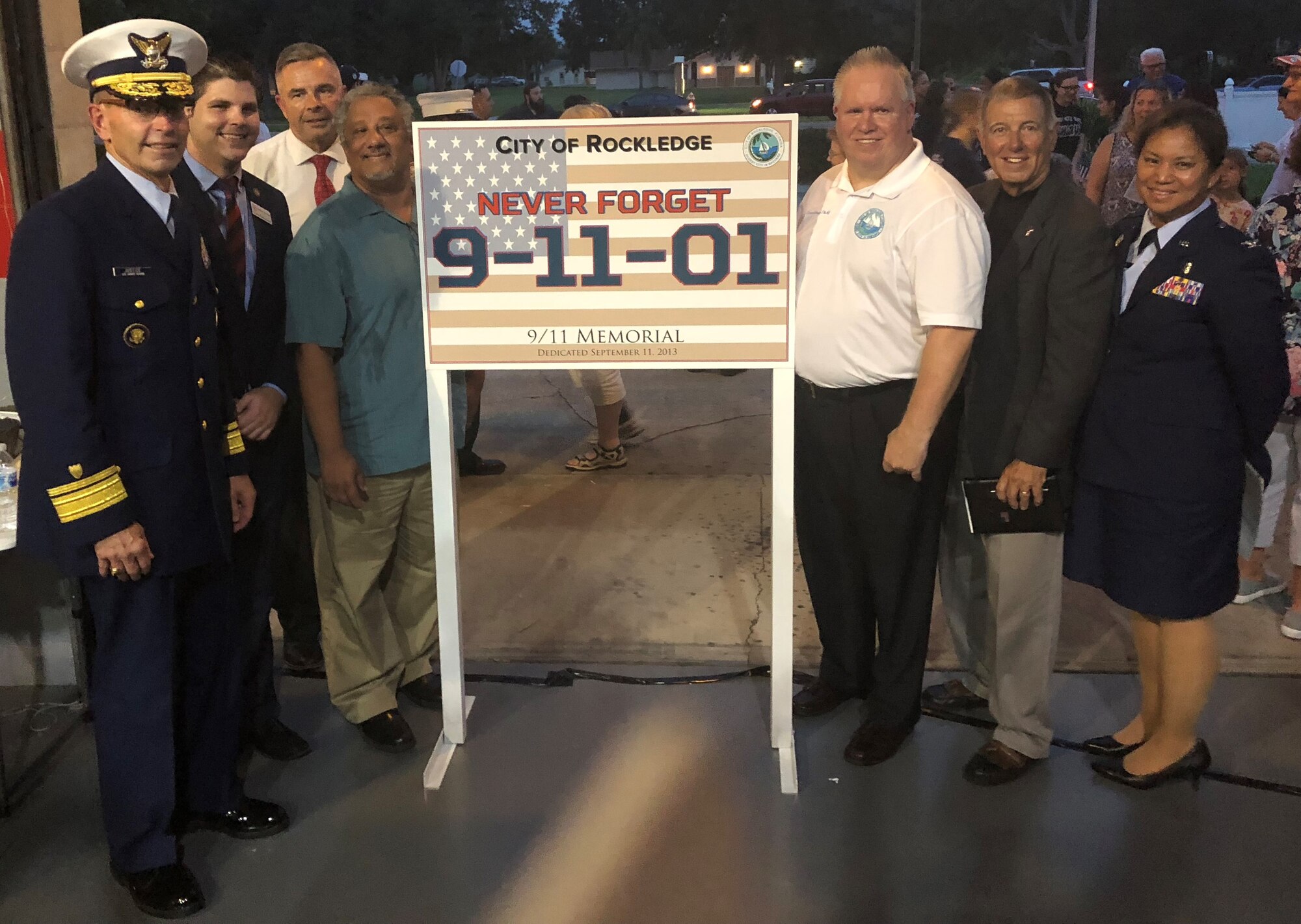 Guest speakers pose for a photo after unveiling a 9/11 dedication marker for the City of Rockledge, Florida, on Sept. 10, 2018, at the 3rd Annual 9/11 Remembrance Ceremony. Each speaker shared and recounted their memories of that day to an audience of nearly 250 guests. (U.S. Air Force photo/Heidi Hunt)