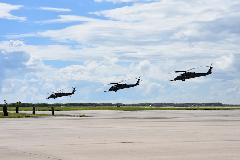 Reserve Citizen Airmen launch three HH-60G Pave Hawk helicopters as part of a contingent of approximately 140 Reservists from the 920th Rescue Wing deploying to Moody Air Force Base, Georgia to exercise their hurricane relief capabilities. If the Federal Emergency Management Agency or Air Combat Command gives the order to provide disaster relief following Hurricane Florence’s devastating effects to the east coast, the 920th will be ready to help. (U.S. Air Force photo by Tech. Sgt. Kelly Goonan)