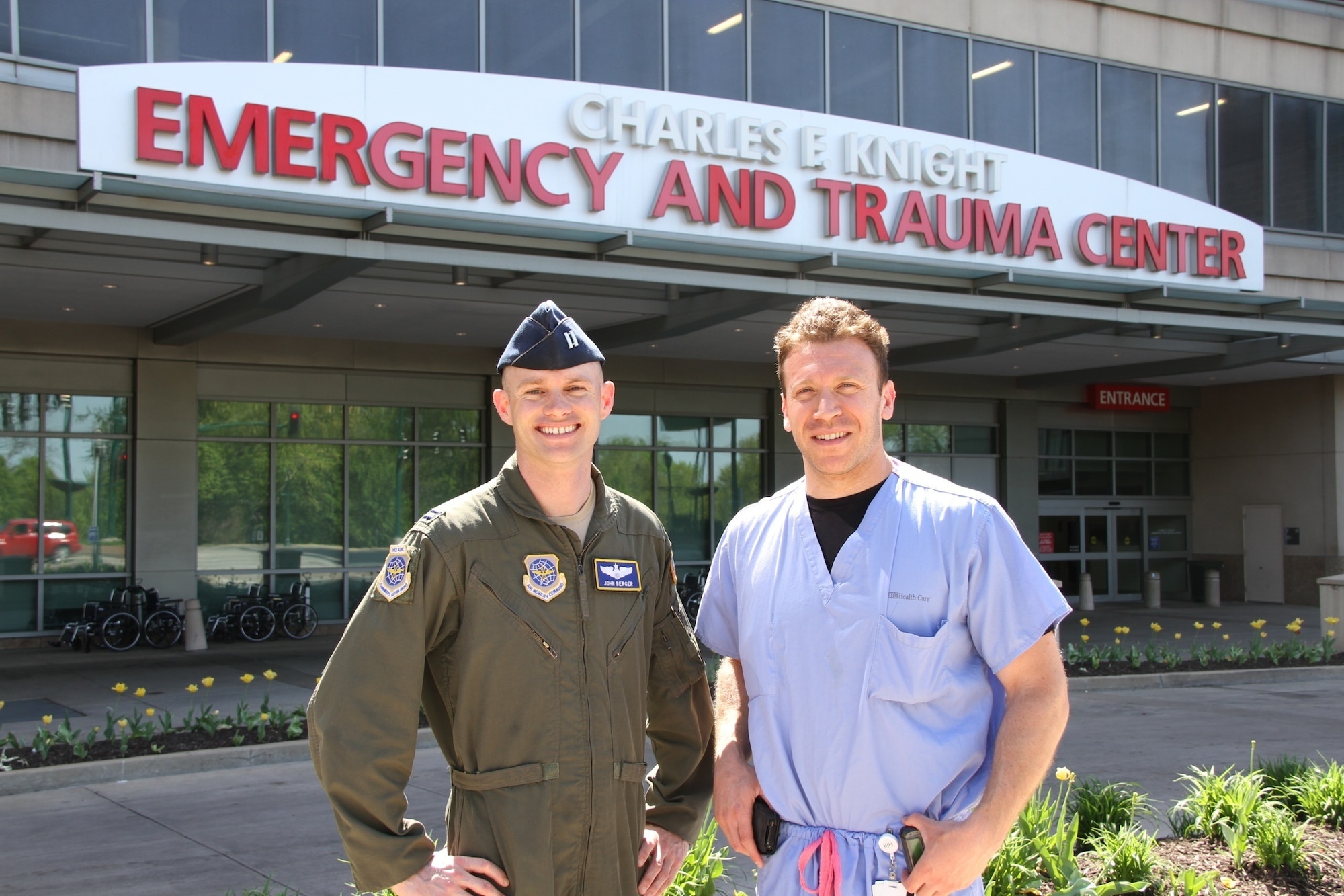 Lt. Col. John Berger and Dr. Scott Farber stand outside the Barnes-Jewish Hospital Emergency Department in St. Louis, Mo. Dr. Farber was part of the trauma team who saved Berger's life after he was hit by a truck in 2012. (Courtesy Photo)