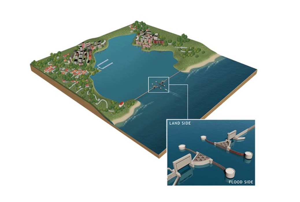 Storm surge barriers consist of a series of movable gates that stay open under normal conditions to let navigation and flow pass but are closed when storm surges are predicted to exceed a specific water level. This is one of several measures under consideration as part of the study. 