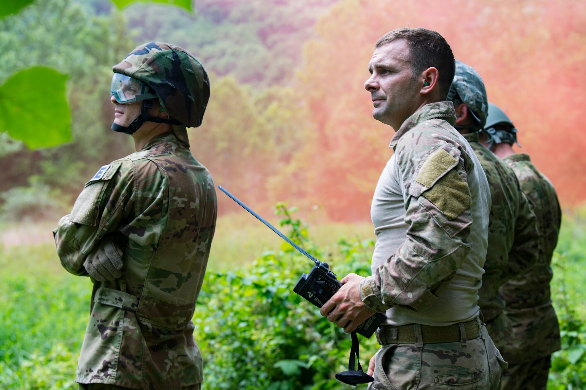 Operations Group Airmen prepare to be evacuated while participating in Survival, Evasion, Resistance and Escape (SERE) training June 2, 2018 at Alum Creek, W.Va.The Airmen completed a refresher version of the original SERE course, which is required every three years, to ensure that in case of emergency that they would have the competency to survive in numerous hostile conditions. (U.