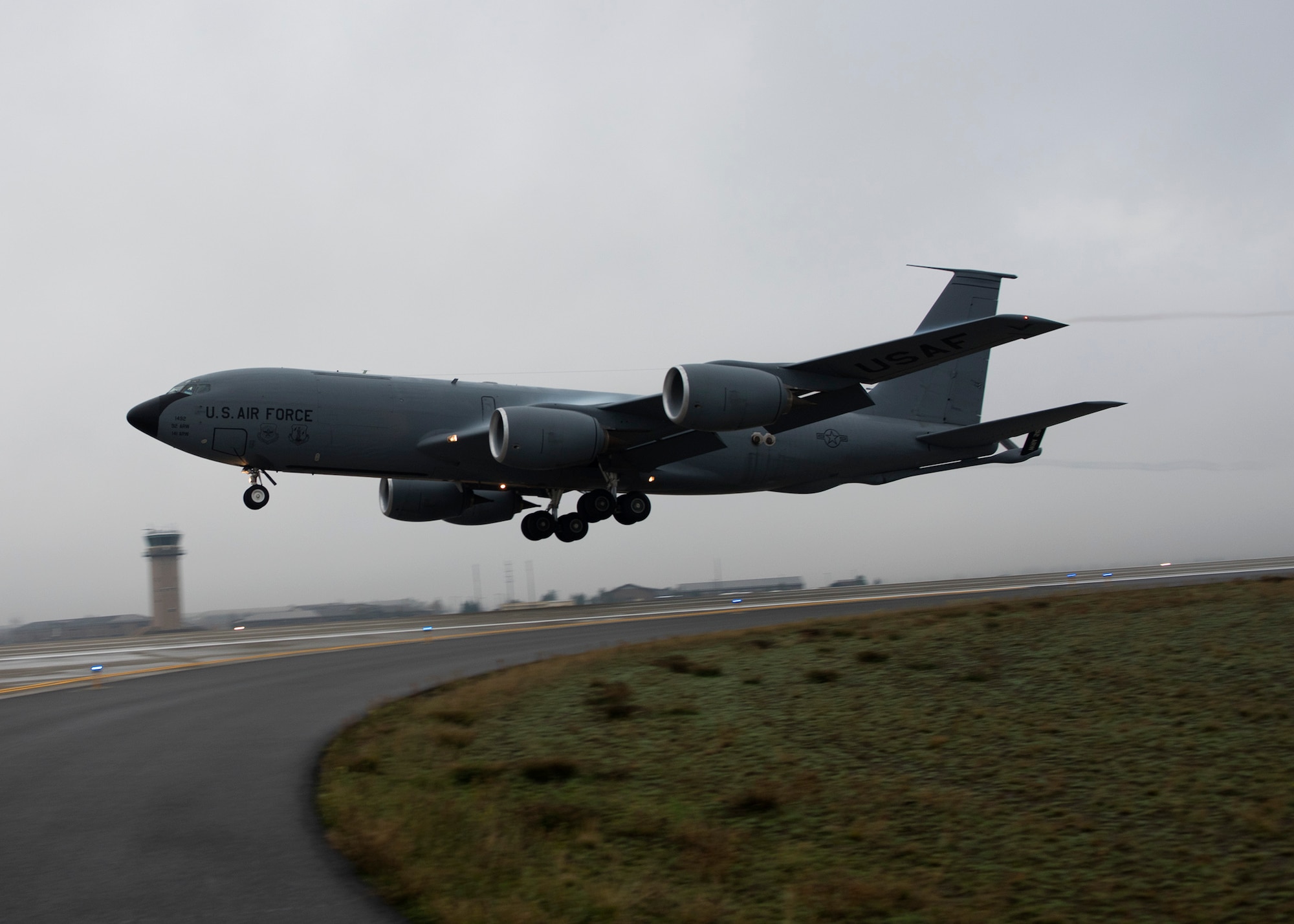 A KC-135R Stratotanker from the 92nd Air Refueling Squadron takes off in view of the air control tower at Fairchild Air Force Base, Wash., Oct. 30, 2016. The KC-135 Stratotanker is the mainstay of the U.S. strategic air refueling fleet with over 700 aircraft keeping the mission airborne. (U.S. Air Force photo by Airman 1st Class Ryan Lackey)
