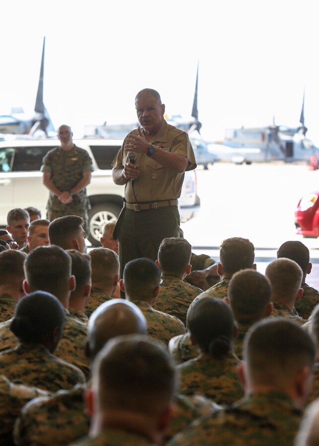Gen. Robert B. Neller, commandant of the Marine Corps, speaks to Marines with 3rd Marine Aircraft Wing during a town hall meeting at Marine Corps Air Station Miramar, San Diego, Calif., on Sept. 12. Neller spoke with the Marines about individualism and how it relates to the overall 3rd MAW mission. (U.S. Marine Corps photo by Cpl. Joshua S. McAlpine)