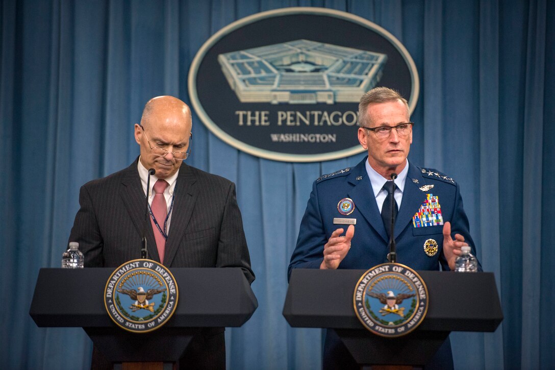 Kenneth P. Rapuano, assistant secretary of defense for homeland defense and global security, and Air Force Gen. Terrence J. O'Shaughnessy, commander of the North American Aerospace Defense Command and U.S. Northern Command, brief reporters at the Pentagon.