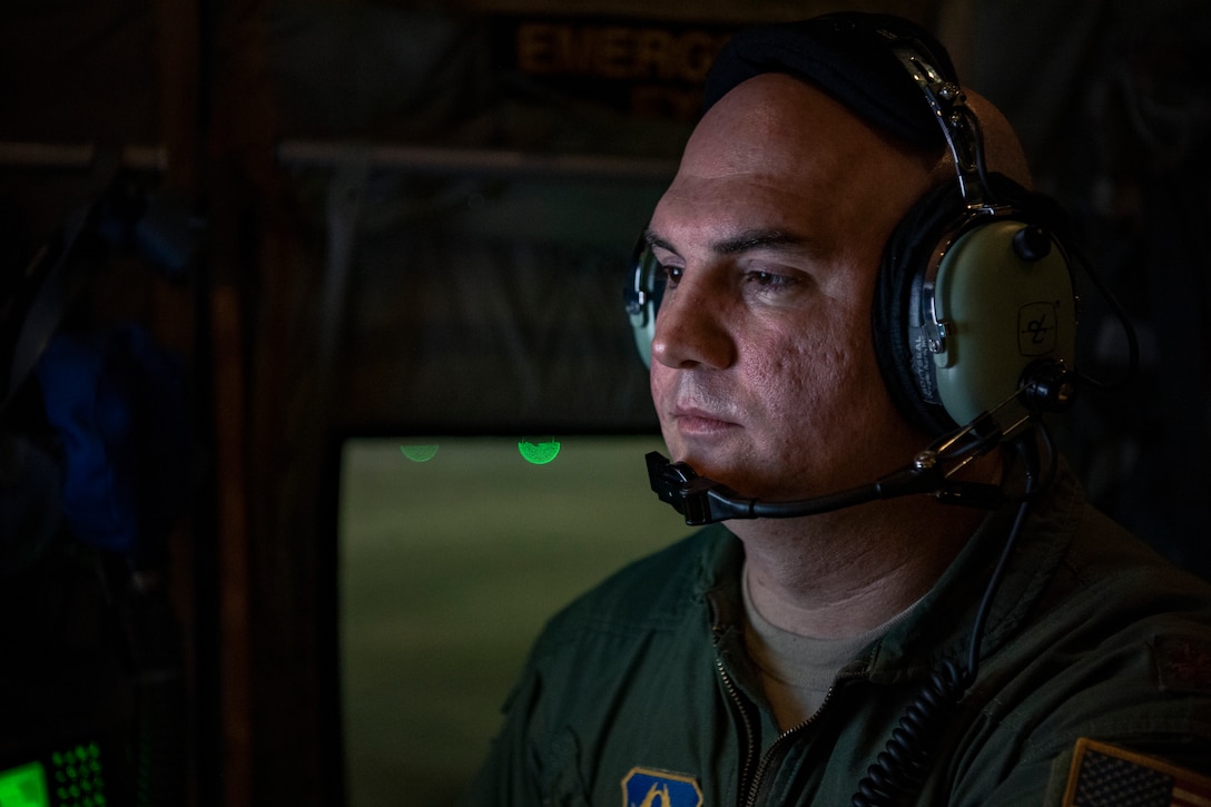U.S Air Force Reserve Maj. Tobi Baker,53rd Weather Reconnaissance Squadron aerial reconnaissance weather officer, conducts reviews data gathered from Hurricane Florence Sept. 12, 2018. The tasking provides critical and timely weather data for the National Hurricane Center to assist in providing up-to-date and accurate information for storm forecasts. (U.S. Air Force photo by Tech. Sgt. Chris Hibben)