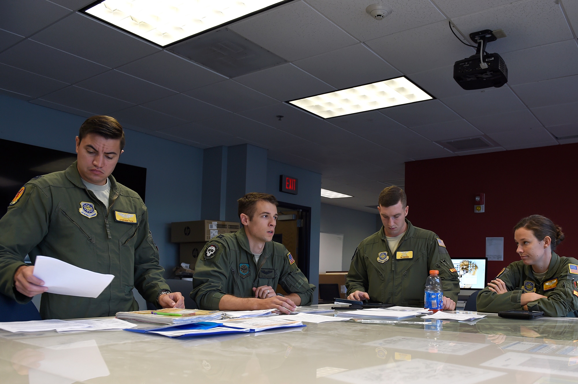 apt. Sean Lucas, center right, 16th Airlift Squadron pilot, delivers a pre-flight mission brief to crew members Sept. 11, 2018, at Joint Base Charleston, S.C.