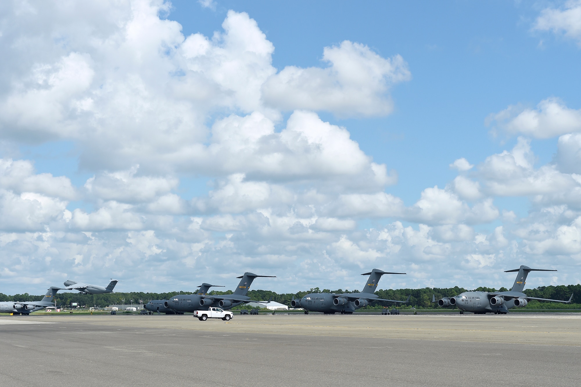 A C-17 Globemaster III takes off from the flightline at Joint Base Charleston, S.C., Sept. 11, 2018