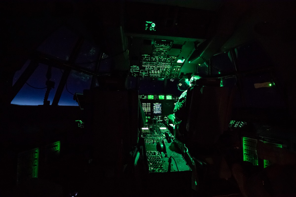U.S. Air Force Reserve Pilots Lt. Col. Jerry Rutland (left) and Maj Eric Chapman begin their mission into Florence, a hurricane about to hit the Southeast Coast of the United States. The 53rd Weather Reconnaissance Squadron, or Hurricane Hunters, took off in a WC-130J Hercules Sept. 12, 2018, to gather critical and timely weather data for the National Hurricane Center to assist in providing up-to-date and accurate information for storm forecasts. (U.S. Air Force photo by Tech. Sgt. Chris Hibben)