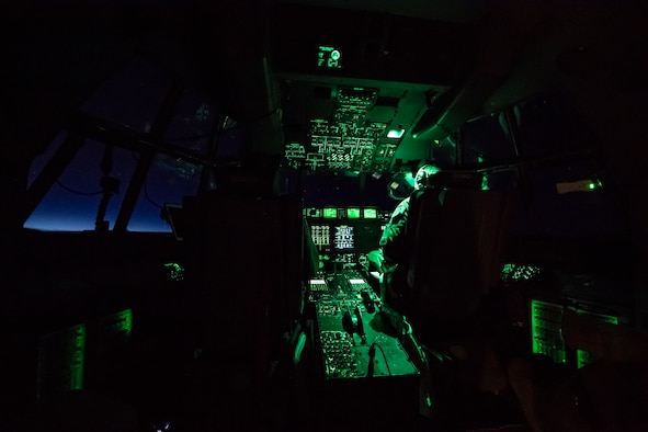 U.S. Air Force Reserve Pilots Lt. Col. Jerry Rutland (left) and Maj Eric Chapman begin their mission into Florence, a hurricane about to hit the Southeast Coast of the United States. The 53rd Weather Reconnaissance Squadron, or Hurricane Hunters, took off in a WC-130J Hercules Sept. 12, 2018, to gather critical and timely weather data for the National Hurricane Center to assist in providing up-to-date and accurate information for storm forecasts. (U.S. Air Force photo by Tech. Sgt. Chris Hibben)