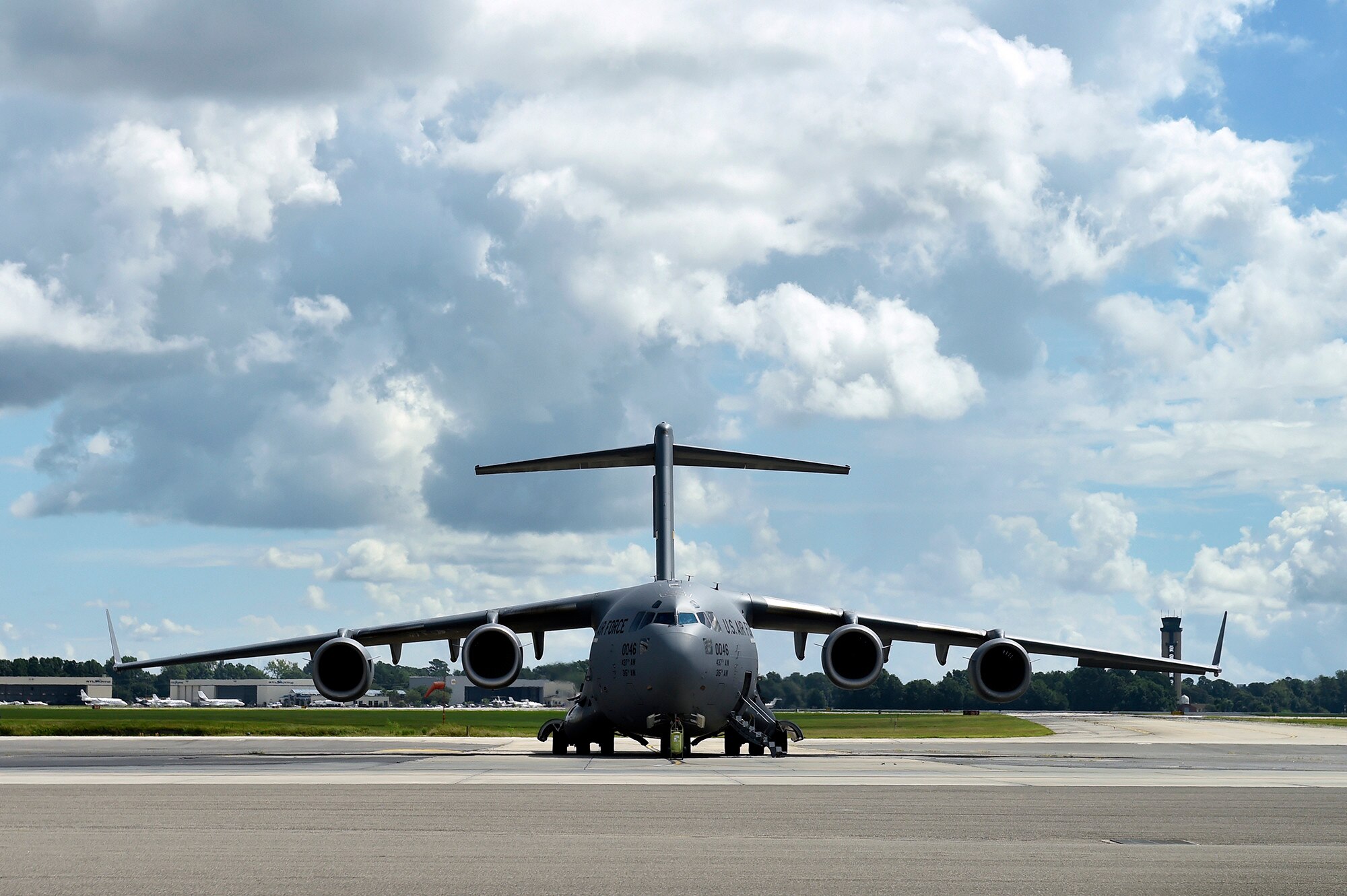 A C-17 Globemaster III prepares to take off from the flight line at Joint Base Charleston, S.C., Sept. 11, 2018.