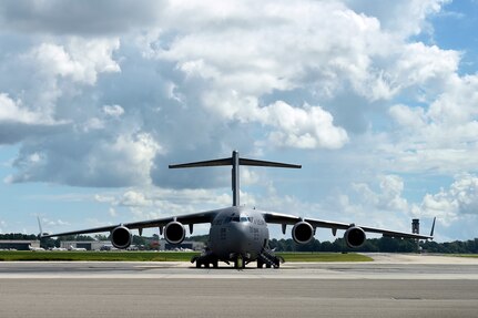 A C-17 Globemaster III prepares to take off from the flight line at Joint Base Charleston, S.C., Sept. 11, 2018.