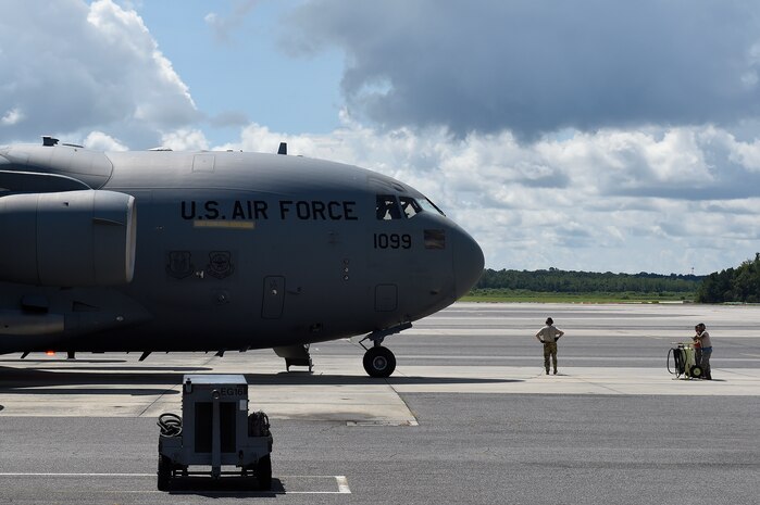 A C-17 Globemaster III prepares to take off from the flight line at Joint Base Charleston, S.C., Sept. 11, 2018.