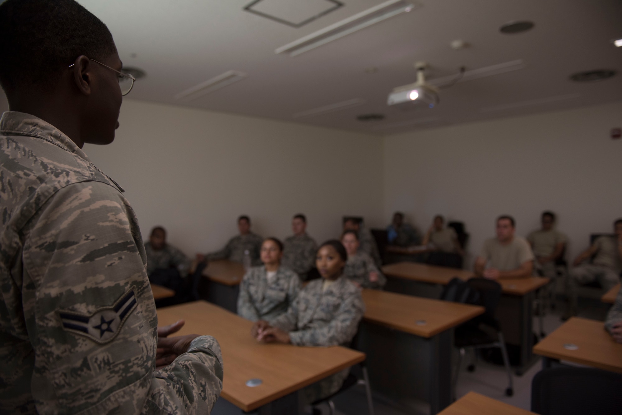 U.S. Air Force Airman 1st Class Tristen Wright, 18th Logistics Readiness Squadron south-side parts store technician, leads training for members of the 919th Special Operations Logistics Readiness Squadron from Duke Field, Fla., Sept. 12, 2018, at Kadena Air Base, Japan. Airmen train consistently to ensure all members are educated and ready to perform their missions.