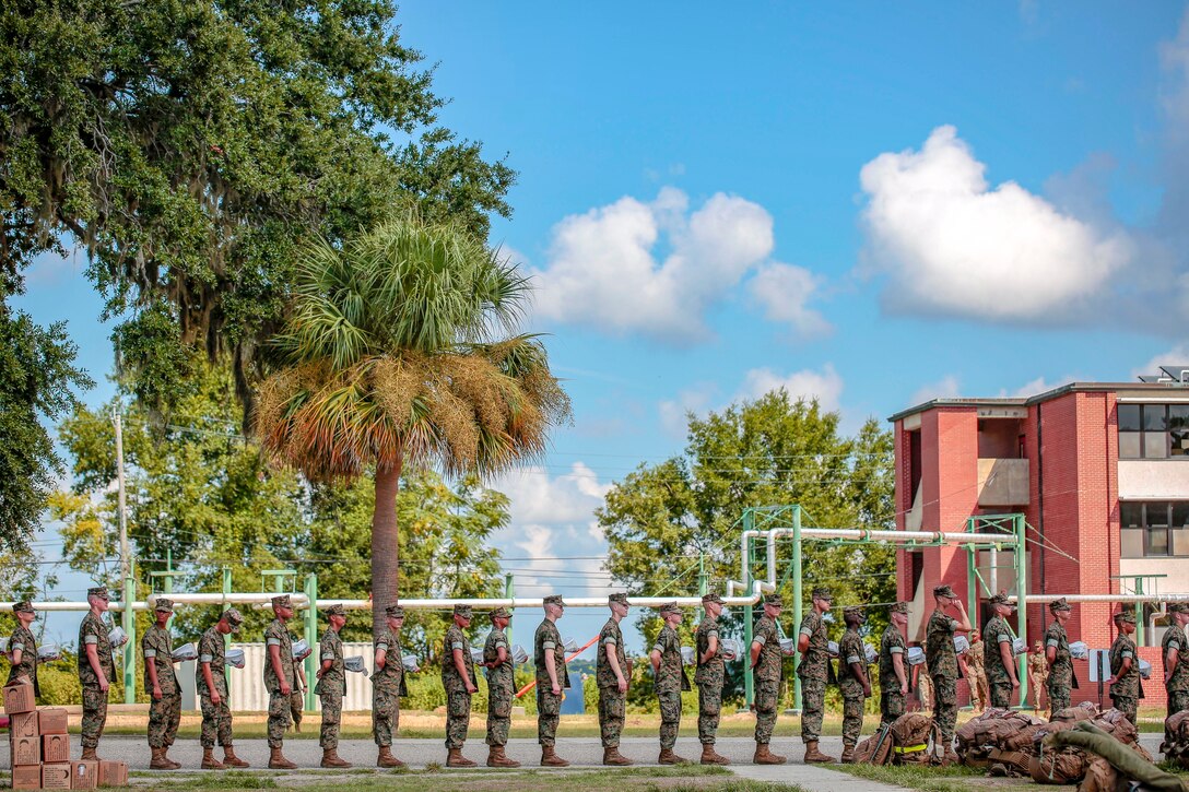 Marines line up to evacuate from Parris Island.