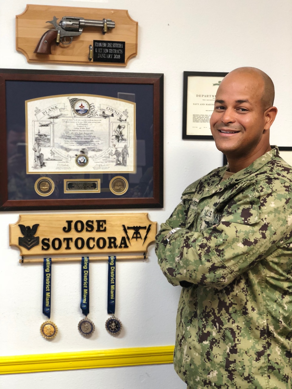 Navy Petty Officer 1st Class Jose Sotocora poses for a photo at a Navy Recruiting District Miami recruiting office in Brandon, Fla., July 18, 2018. Sotocora is recognized as one of the Navy’s outstanding recruiters. Navy photo by Petty Officer 2nd Class Latrice Ames