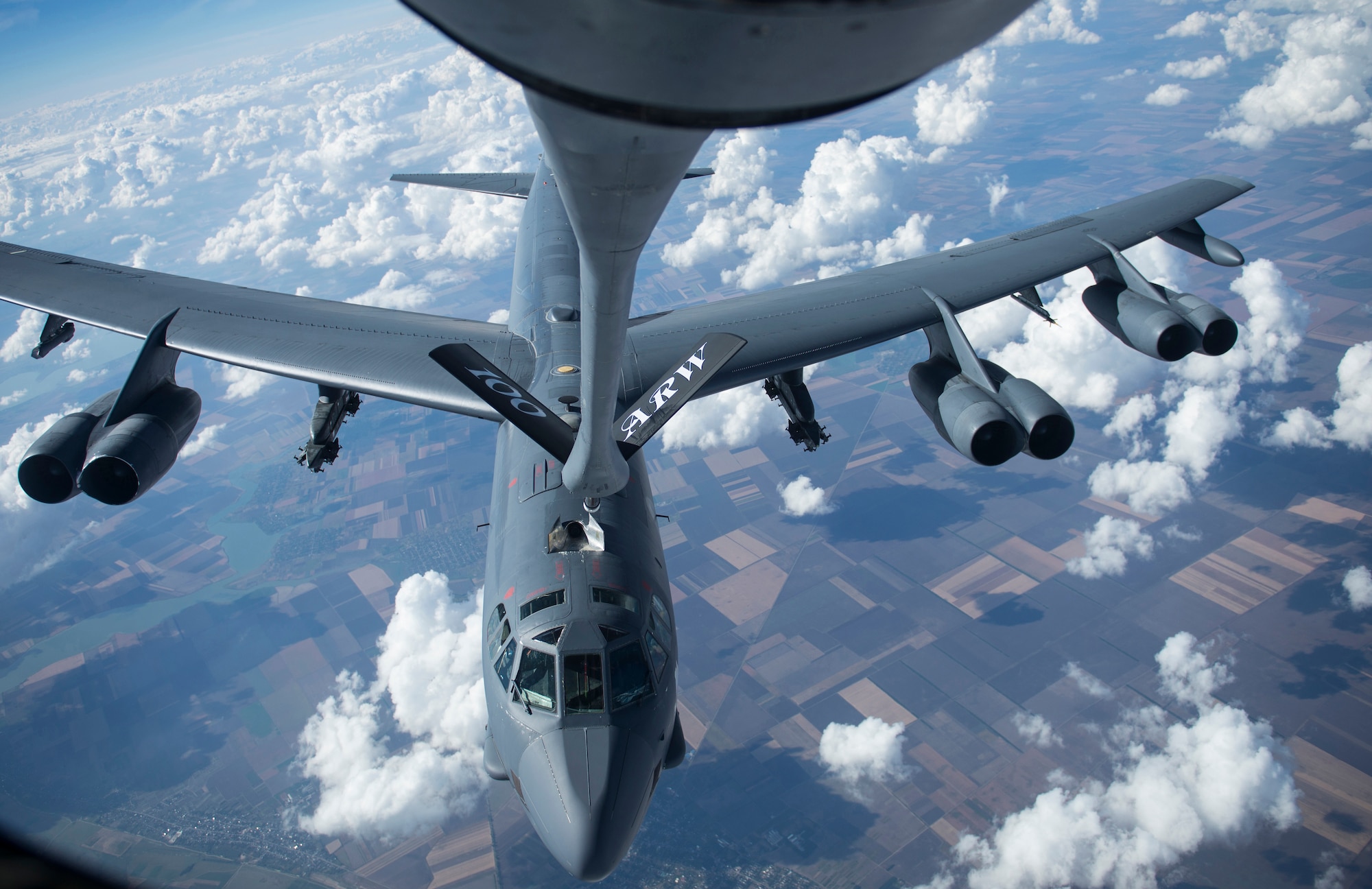 A U.S. Air Force B-52 Stratofortress approaches a KC-135 Stratotanker from the 100th Air Refueling Wing, RAF Mildenhall, England, before receiving fuel over Romania Sept. 13, 2018. Training with NATO allies such Romania improves interoperability and demonstrates the United States’ commitment to regional security. (U.S. Air Force photo by Tech. Sgt. Emerson Nuñez)