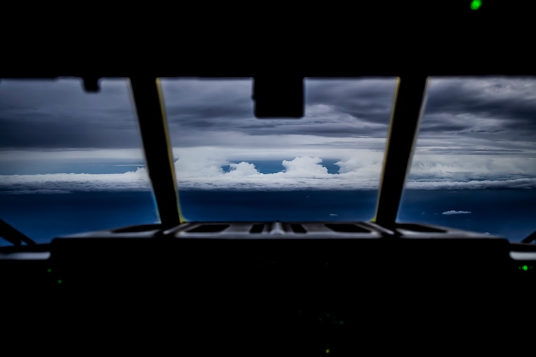 An HC-C130J approaches the edge of Hurricane Florence after a two and a half hour flight from Savannah Air National Guard Base, Ga., Sept. 12, 2018. The Air Force Reserve’s 53rd Weather Reconnaissance Squadron, or Hurricane Hunters, conducted a storm tasking mission into Hurricane Florence, providing critical and timely weather data for the National Hurricane Center to assist in providing up-to-date and accurate information for storm forecasts. (U.S. Air Force photo by Tech. Sgt. Chris Hibben)