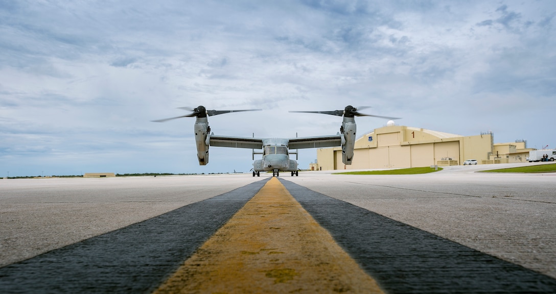 An MV-22B Osprey with Marine Medium Tiltrotor Squadron 262 arrives to pick up Federal Emergency Management Administration officials and military personnel Sept. 13, 2018. Service members from Indo-Pacific Command are providing Department of Defense support to FEMA and working with Guam and Commonwealth of the Northern Mariana Islands' civil and local officials for typhoon recovery efforts.