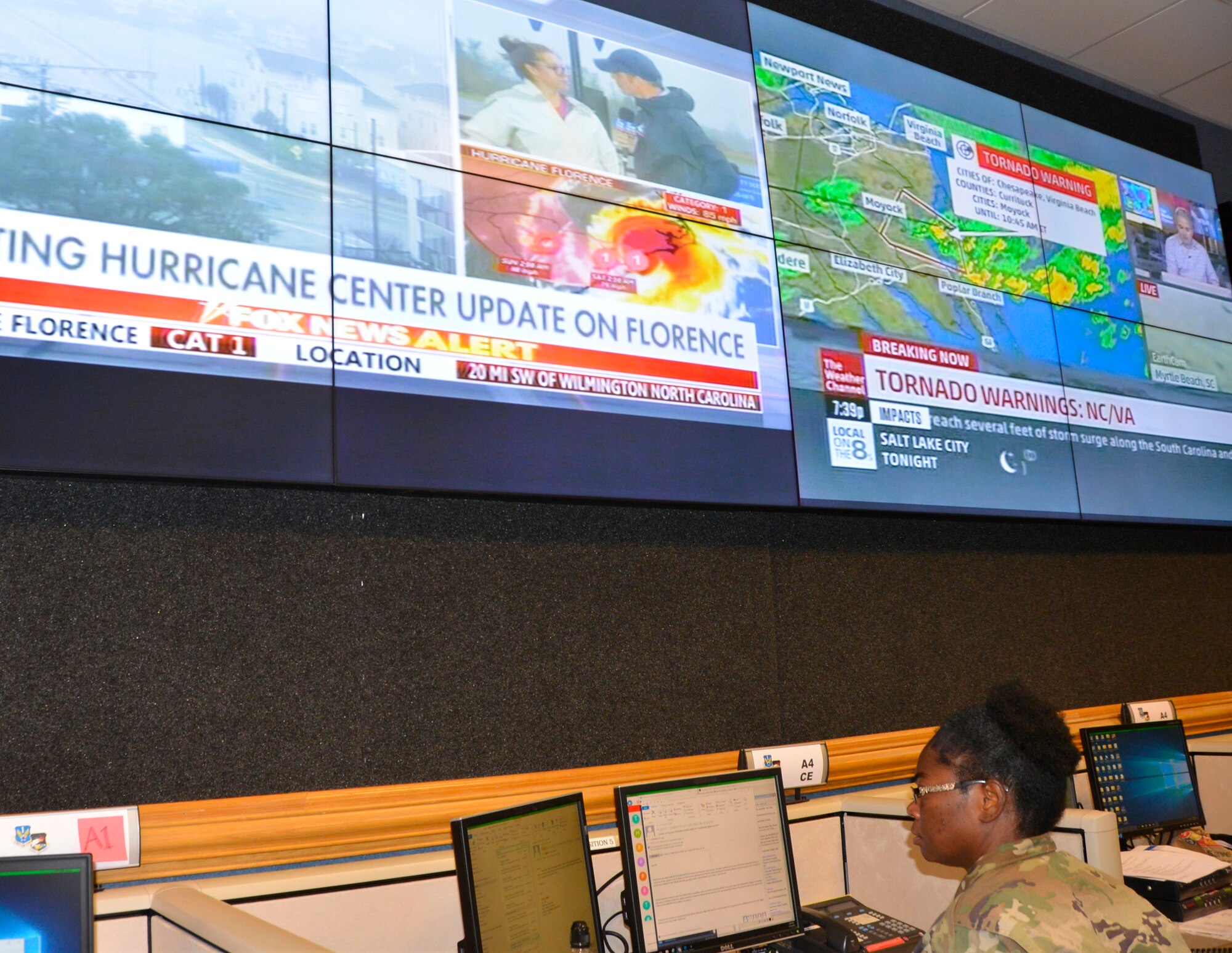 05.	U.S. Army MAJ. Latanya Matthews, Chemical, Biological, Radiological and Nuclear operations officer with the Air Forces Northern Logistics Directorate, reviews information about Hurricane Florence Sept. 14 in the Contingency Action Team room. From providing specialized job personnel and equipment to assigning staging areas for supplies, AFNORTH, the air component of U.S. Northern Command, continues to assist that command’s support of the Federal Emergency Management Agency’s Hurricane Florence relief efforts. (Air Force photo by Mary McHale)