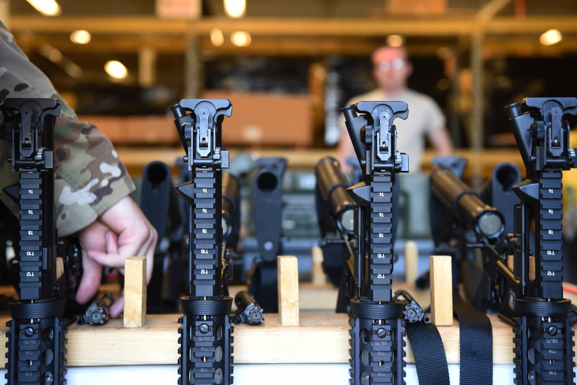 M4 carbines are disassembled to ensure they are in the proper condition at Ellsworth Air Force Base, S.D., Sept. 10, 2018. Members assigned to the 28th Security Forces Squadron combat arms training and maintenance flight conducted their biannual inspection of all weapons on base to ensure they are ready for use in a deployed environment and for training purposes. (U.S. Air Force photo by Airman 1st Class Thomas Karol)