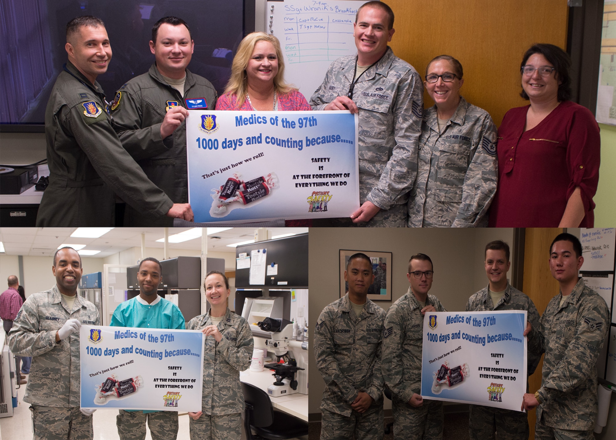 Members of the 97th Medical Group pose with a poster celebrating 1,000 days without a serious safety event September 13, 2018, on Altus Air Force Base, Okla. A serious safety event is any mistake made by medical practitioners that harms a patient.