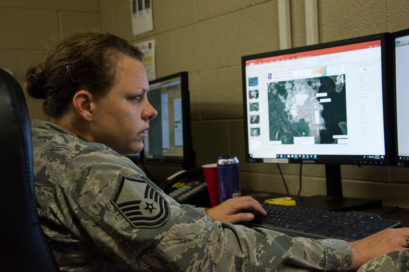 Master Sgt. Twila Costiloe, 188th Wing intelligence analyst, creates graphical information products in the 188th Unclassified Processing, Assessment, and Dissemination element at Ebbing Air National Guard Base, Ark., to support Hurricane Florence responders Sept. 13, 2018. The UPAD rapidly provides graphical information products requested by incident commanders located across the storm’s path.