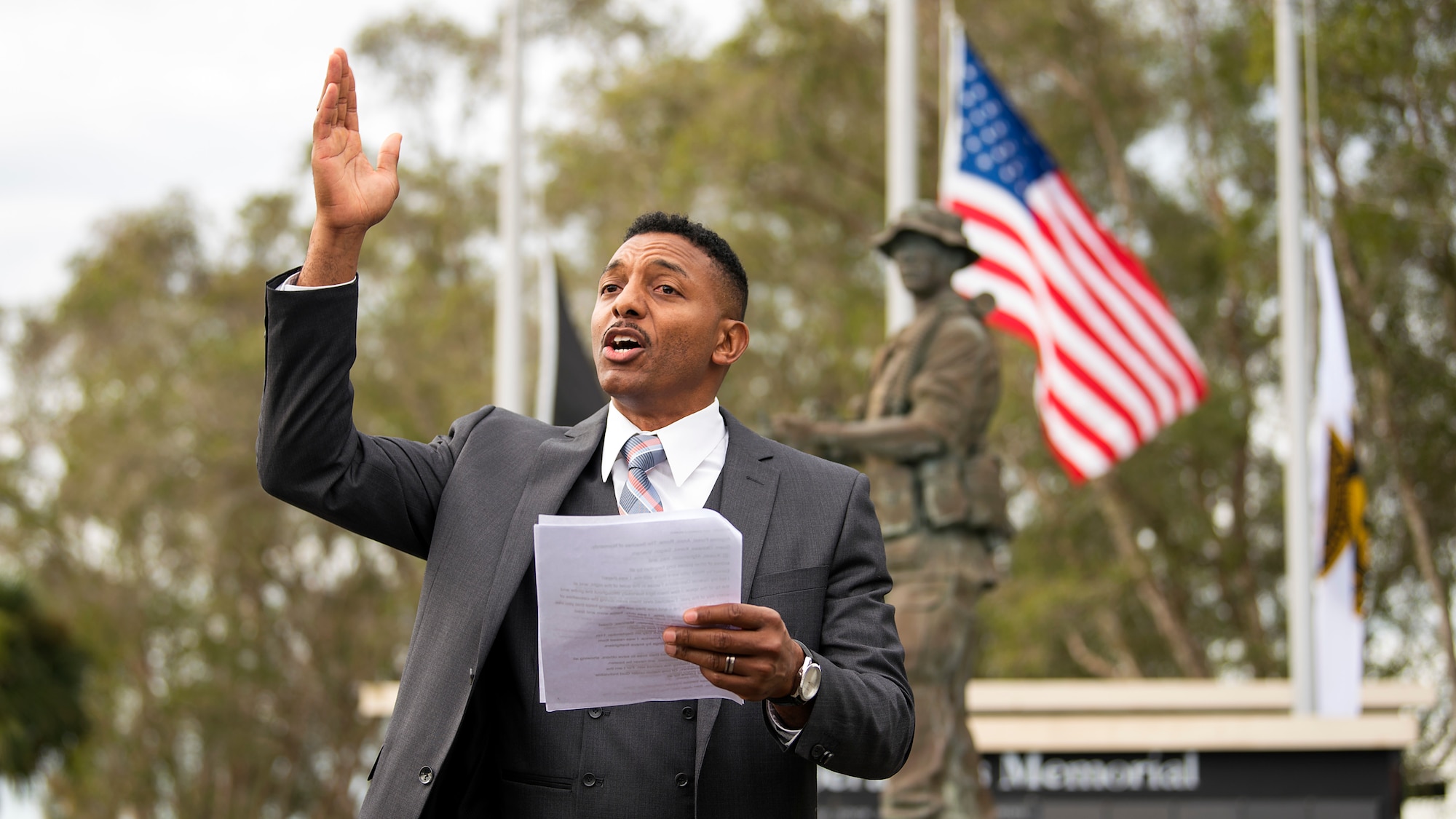 A Team MacDill Member performs “Old Glory” during a 9/11 memorial ceremony held at MacDill Air Force Base, Fla., Sept. 11, 2018. The remembrance ceremony was held at the U.S. Special Operations Command Memorial in honor of those who died during the attacks.