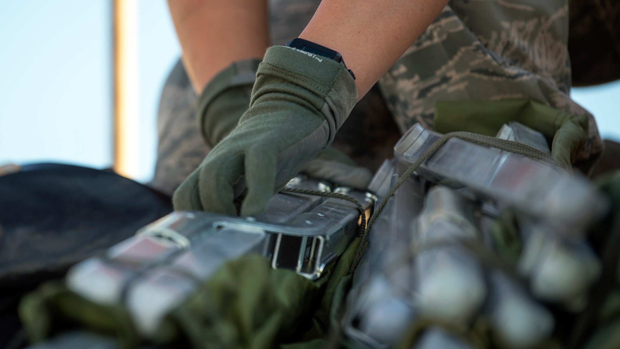 An En-Route Patient Staging System team member loads litters onto a Humvee at MacDill Air Force Base, Fla., Sept. 13, 2018. The ERPSS team’s mission is to provide clinical support to patients in response to a natural disaster.