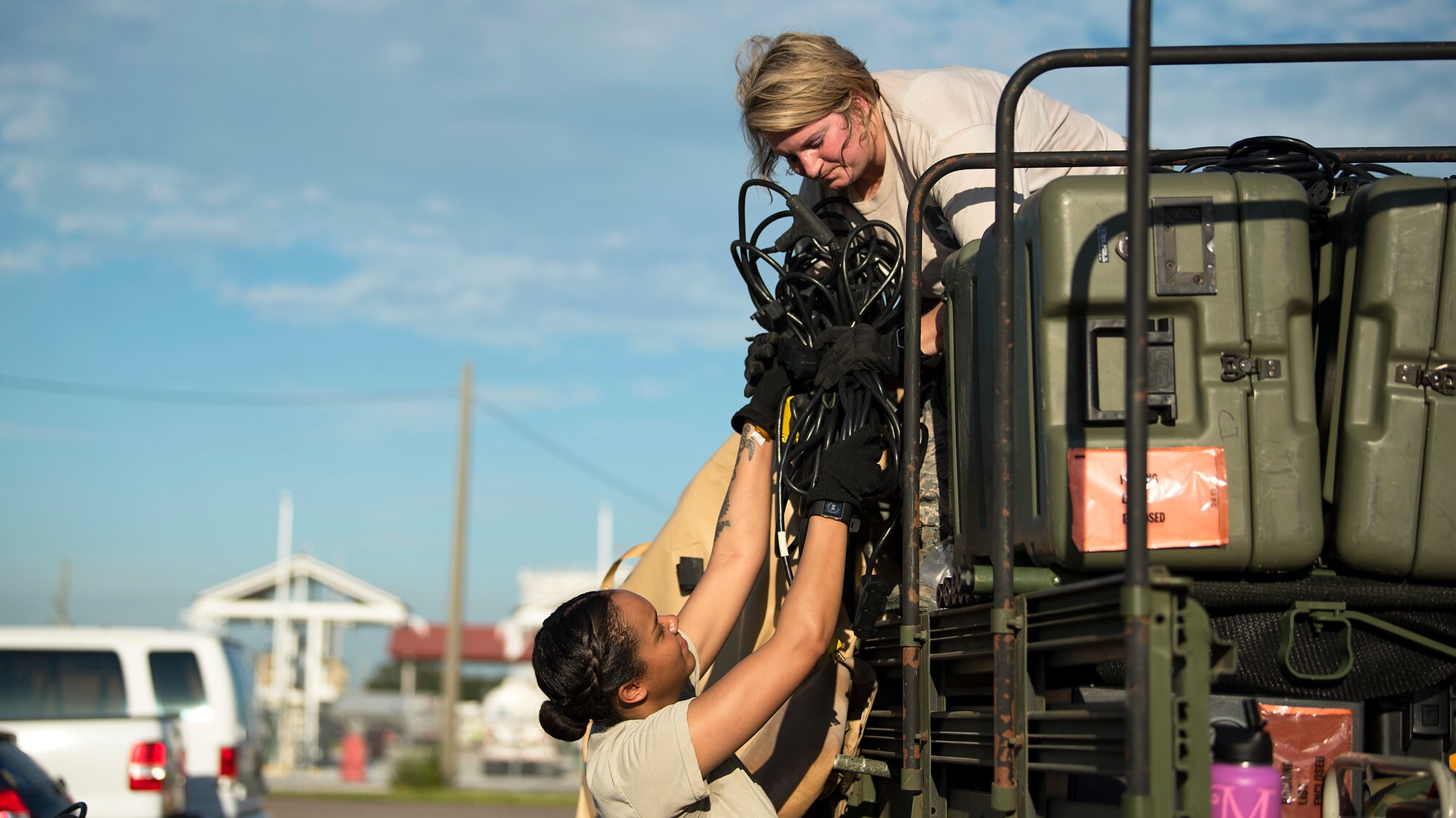 Members from the En-Route Patient Staging System team from MacDill Air Force Base, Fla., load equipment onto a Humvee Sept. 13, 2018, in preparation of Hurricane Florence. The ERPSS team’s mission is to provide clinical support to patients in response to a natural disaster.
