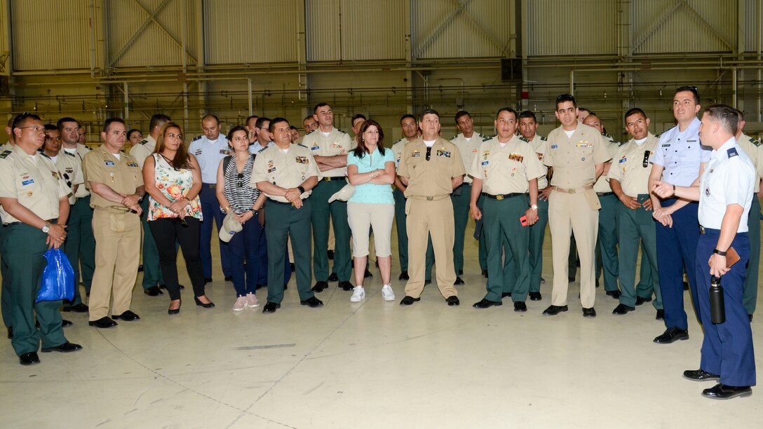 Members of the Colombian and Brazilian air forces check out an X-43 during their visit to the museum at Edwards Air Force Base, California, Sept. 10, 2018. During their visit, the delegation received briefs on the overall mission of Edwards and toured various base facilities. (U.S. Air Force photo by Giancarlo Casem)