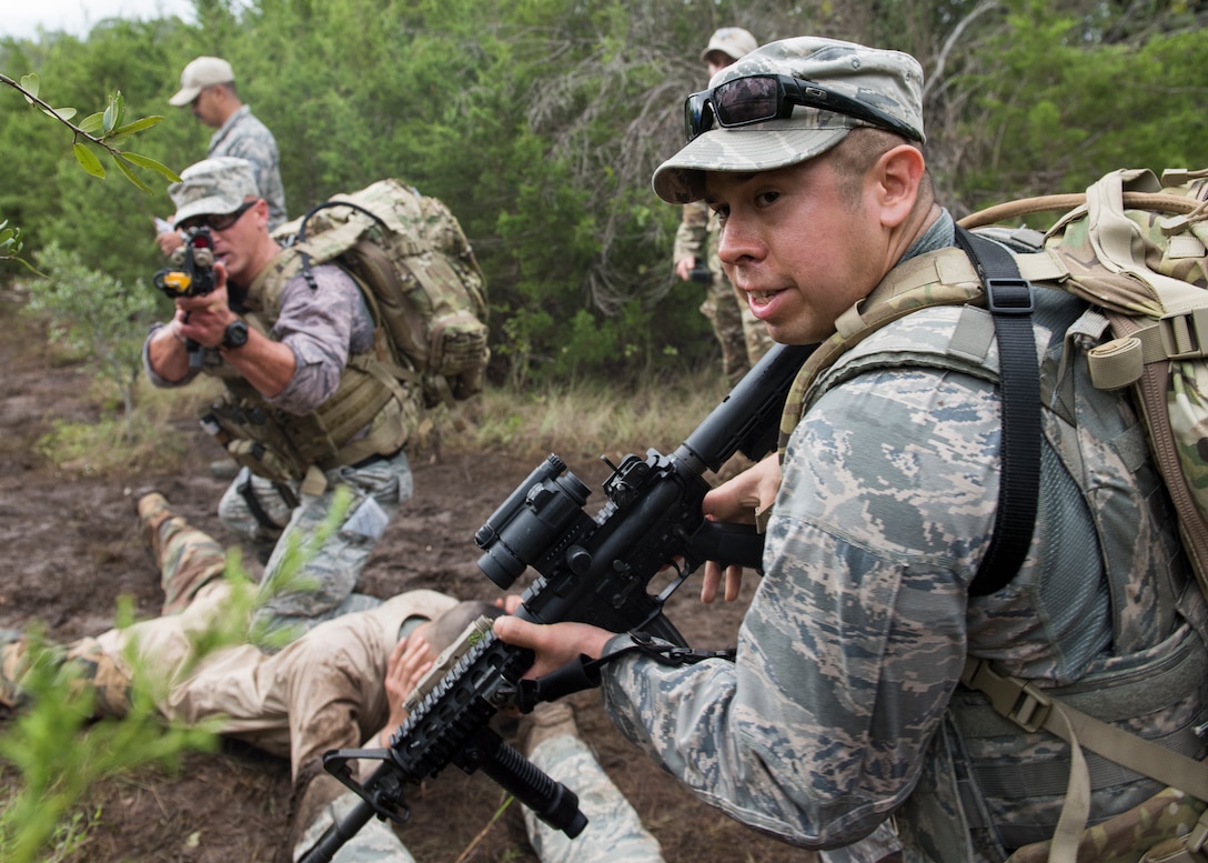 Tech. Sgt. Felipe Fernandez, an ANG security forces craftsman assigned to the 147th Attack Wing, Houston, Texas, secures a potential threat during the dismounted operations competition during AF Defender Challenge.