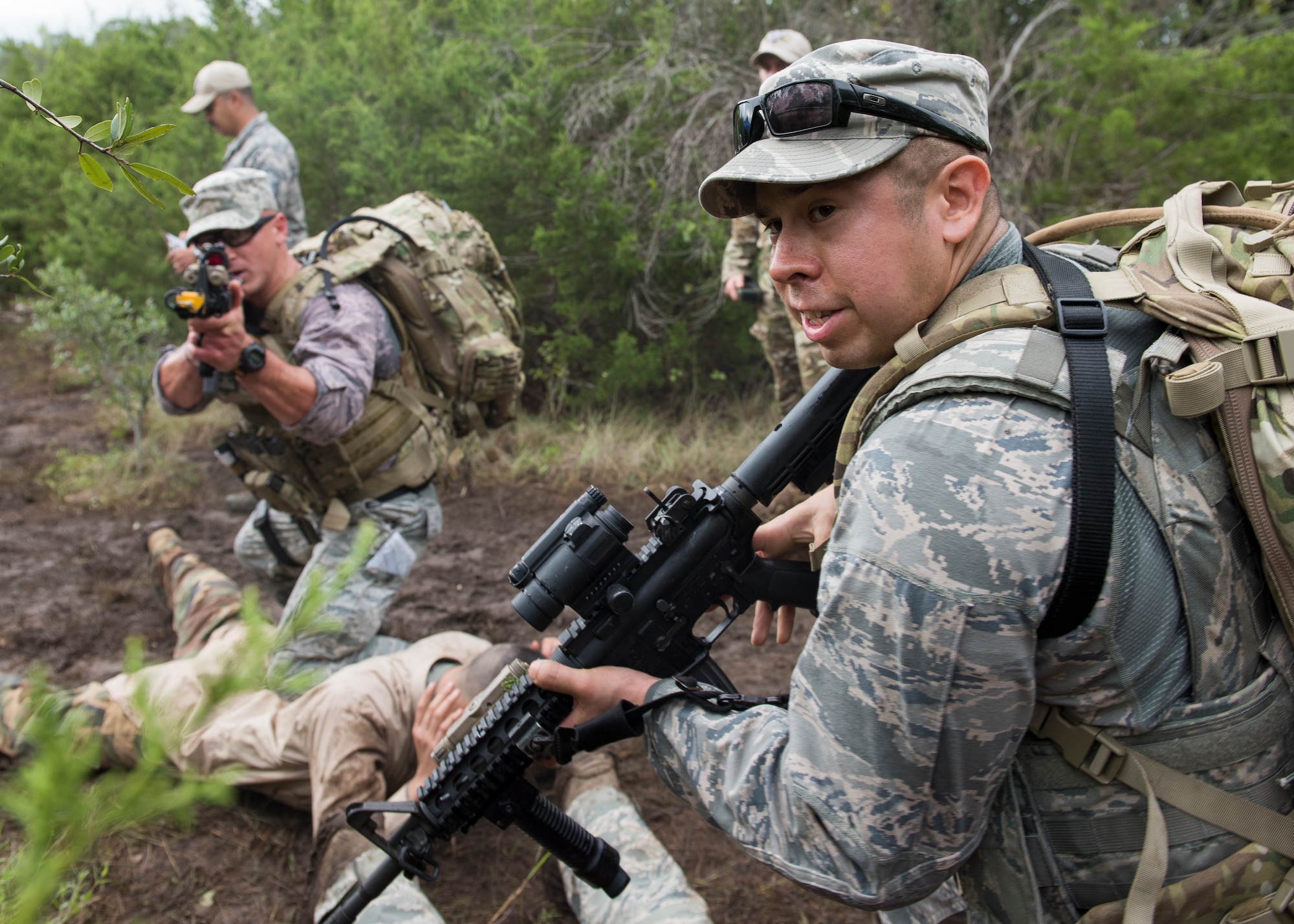 Tech. Sgt. Felipe Fernandez, an ANG security forces craftsman assigned to the 147th Attack Wing, Houston, Texas, secures a potential threat during the dismounted operations competition during AF Defender Challenge.