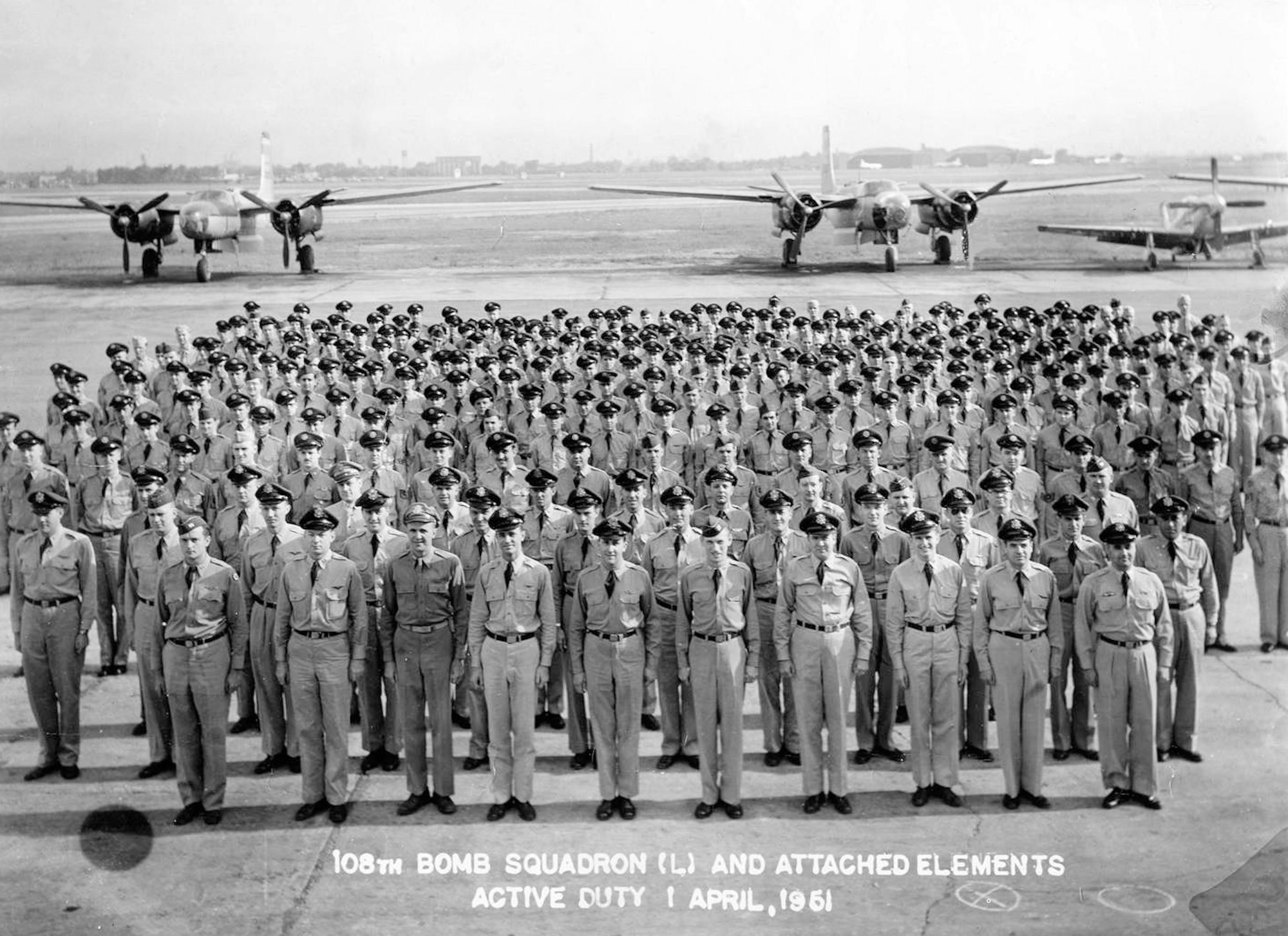 The 108th Bombardment Squadron during a Korean War activation formation in 1951. (U.S. Air Force photo)