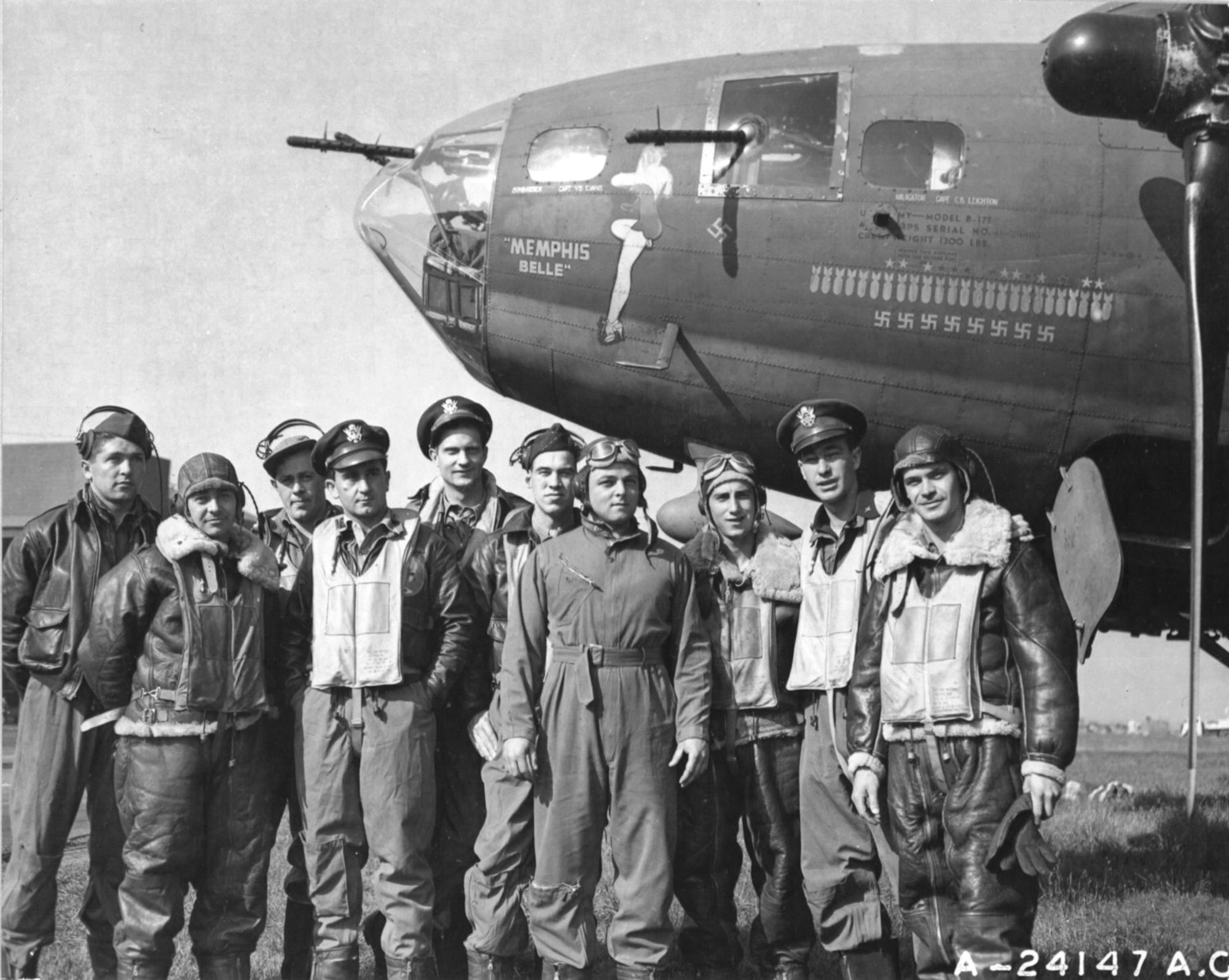 The crew of the Boeing B-17 "Memphis Belle" is pictured at an air base in England after completing 25 missions over enemy territory. The crew, left to right: Tech. Sgt. Harold P. Loch, Staff Sgt. Cecil H. Scott, Tech. Sgt. Robert J. Hanson, Capt. James A. Verinis, Capt. Robert K. Morgan, Capt. Charles B. Leighton, Staff Sgt. John P. Quinlan, Staff Sgt. Casimer A. Nastal, Capt. Vincent B. Evans and Staff Sgt. Clarence B. Winchell. (U.S. Army Air Forces photo)