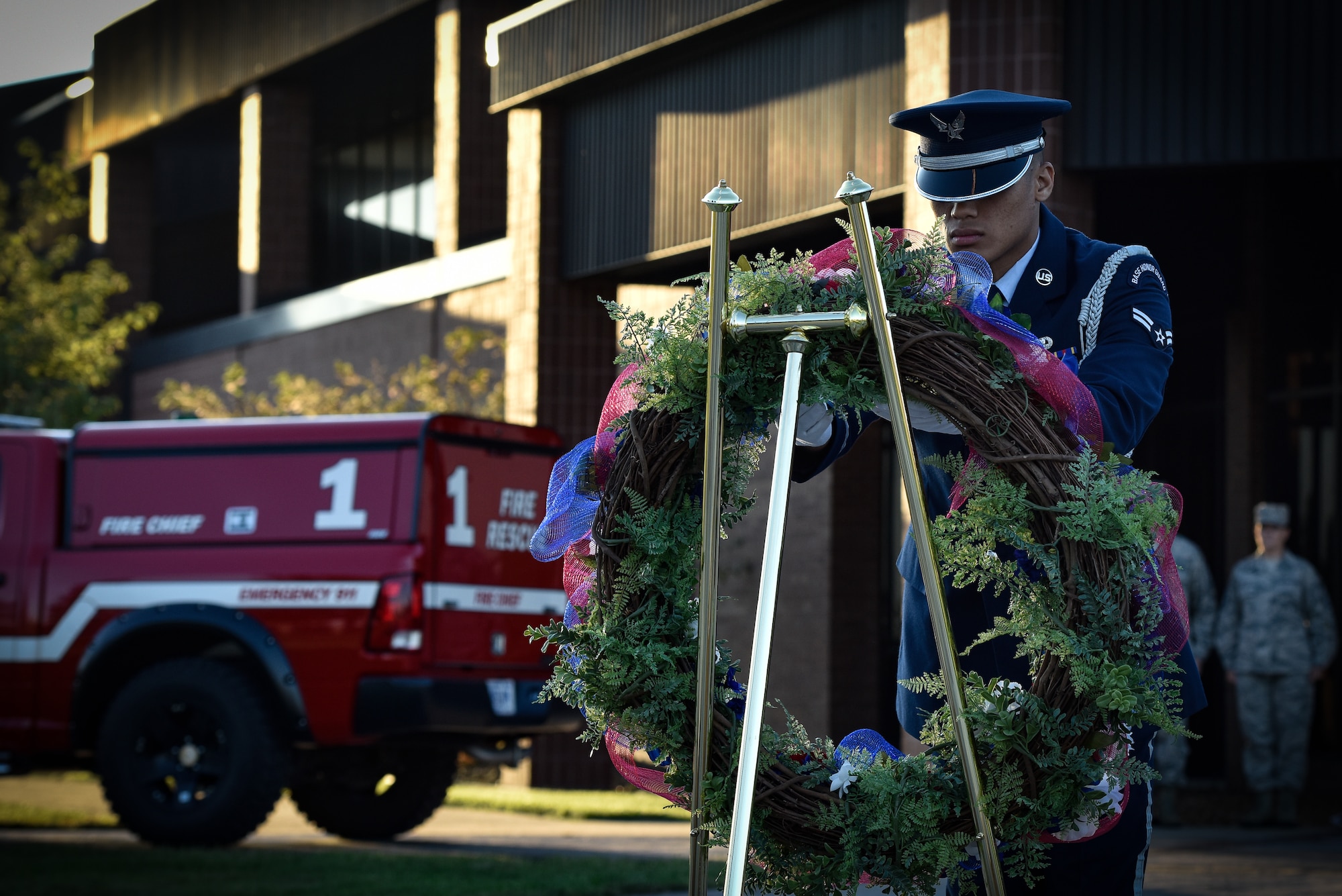 Whiteman Air Force Base Personnel and Base Honor Guard took place in a wreath laying ceremony to commemorate those lost during the September 11th attacks.